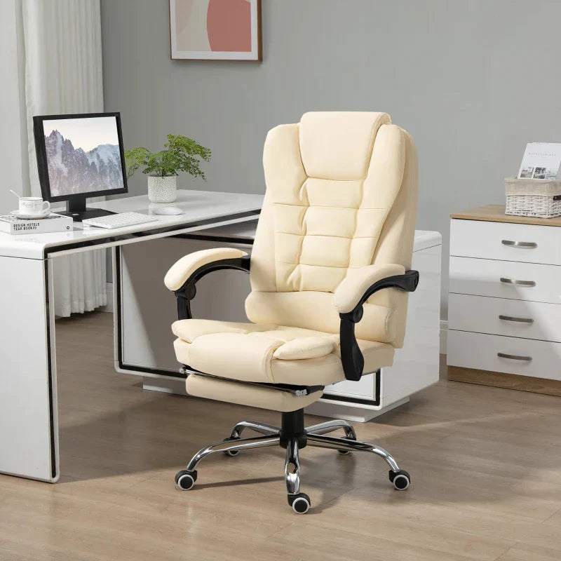 Bürostuhl mit Fußstütze und Liegefunktion | Farbe: Creme | Maße: 69x64.5x109-117 cm