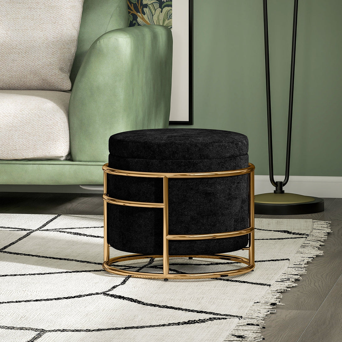 Sittpall med förvaring | Färg: Svart, guld | Mått: 42x42x39 cm