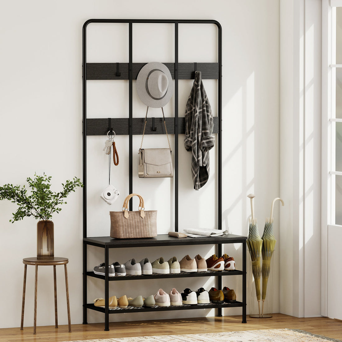 3-in-1 Kapstok met Bankje en Schoenenrek | Kleur: Zwart | Afmetingen: 91x36x180 cm