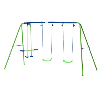 Kinderschommelset met 2 schommels en wip | Kleur: Groen, Blauw | Afmetingen: 140x280x178 cm
