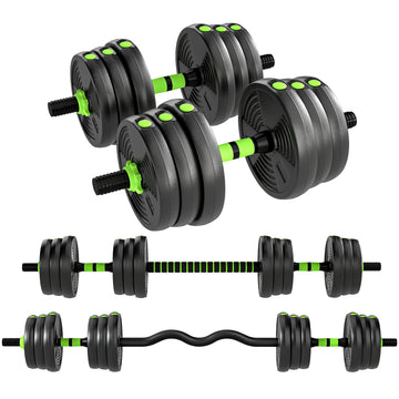 Verstelbare halterset 25 kg | Dumbbells en curlstang | Kleur: Groen+Zwart | Afmetingen: 22x140x22 cm