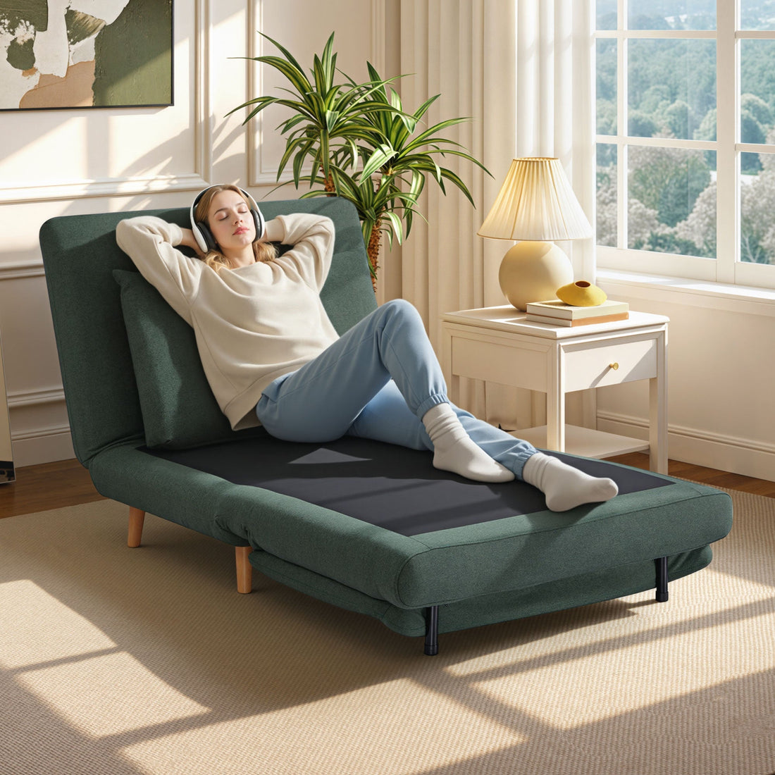 3-in-1 Schlafsofa mit verstellbarer Rückenlehne | Farbe: Grün | Abmessungen: 95x90x80 cm