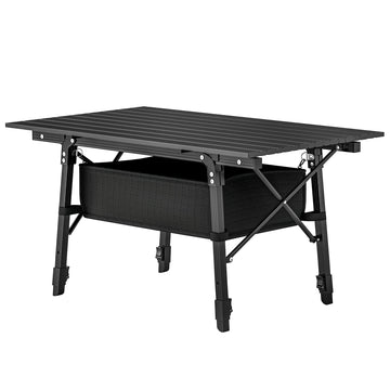 Campingtafel met verstelbare hoogte en opbergmand | Kleur: Zwart | Afmetingen: 55x90x45-66 cm