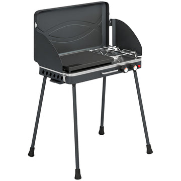 Draagbare gasbarbecue 2-pits 7 kW met kookplaat | Kleur: Zwart | Afmetingen: 61x47x88 cm