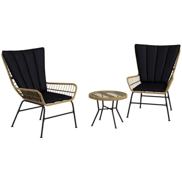 Rattan bistroset - 2 stoelen en tafel | Kleur: Natuurlijk hout+Zwart | Afmetingen: 68x78x95 cm