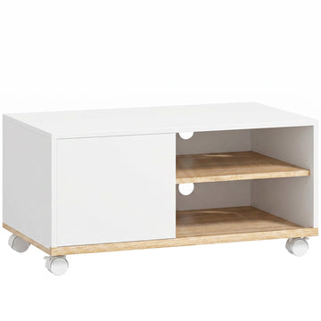 TV-meubel op wielen met kast en plank | Kleur: Wit en eiken | Afmetingen: 80x45x39 cm