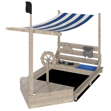 Piratenboot zandbak met zonnedak en keuken | Kleur: Grijs, blauw | Afmetingen: 103x180x144.5 cm