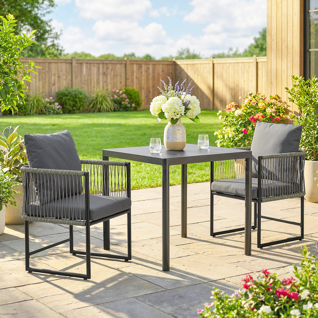 Gartenstühle 2er-Set – PE-Rattan | Farbe: Dunkelgrau | Abmessungen: 52x52x66 cm