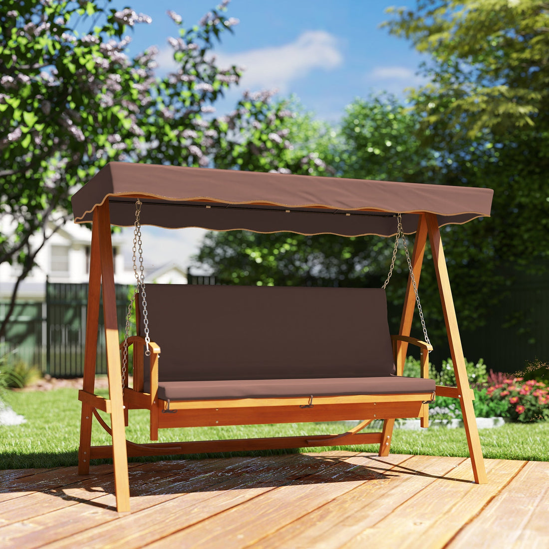 Houten schommelbank met ligfunctie, 3-persoons | Kleur: Bruin | Afmetingen: 130x236x181 cm