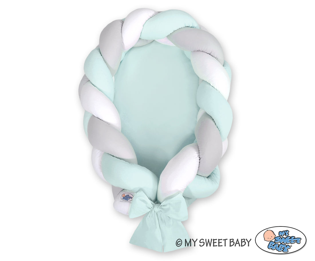 Flätat babynest - kokong - 2-i-1 multifunktionellt, säkert och tryggt, vit-grå-mint