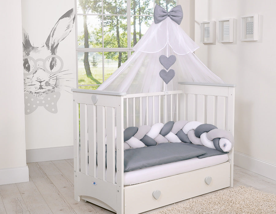 Flätad sängskyddsstötfångare - knutkant - bättre ventilation, 100% bomull, vit-grå-antracit