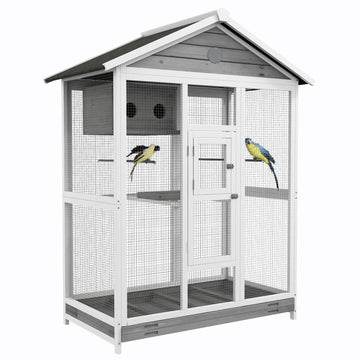 Houten vogelkooi met 4 zitstokken | Kleur: Wit+Grijs+Zwart | Afmetingen: 68x112x154 cm
