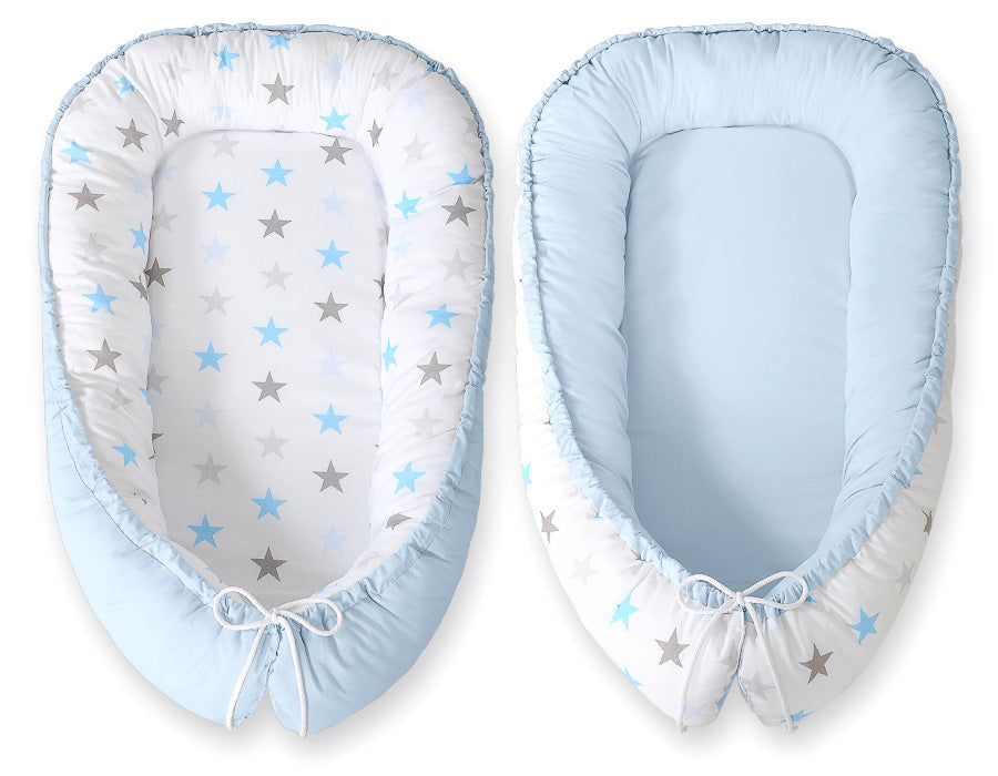Baby nestje, babynest, veilig en ademend, dubbelzijdig Premium Cocoon BOBONO – grijs-blauw