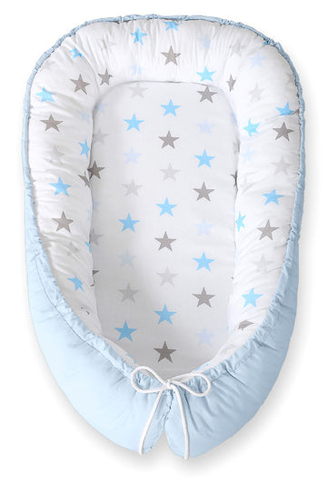 Baby nestje, babynest, veilig en ademend, dubbelzijdig Premium Cocoon BOBONO – grijs-blauw