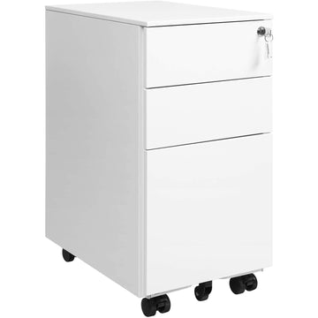Archiefkast op wielen met slot, 3 laden, staal, wit