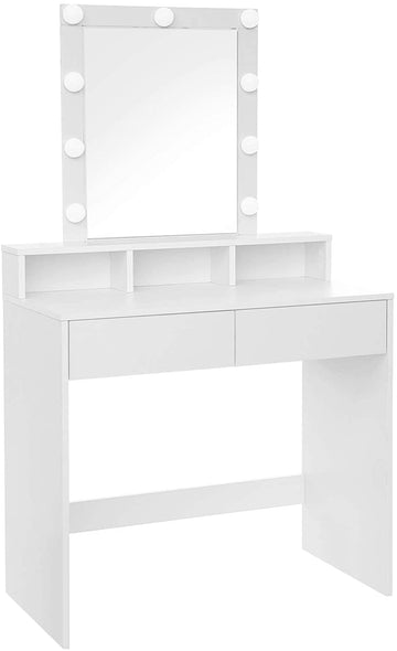 Kaptafel met spiegel en verlichting, 2 lades, wit, bewerkt hout, 80 x 40 x 145 cm