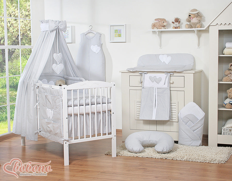 Bomullssänghimmel, tyggardin, skyddad och atmosfärisk för babysäng - Hängande hjärtan grå