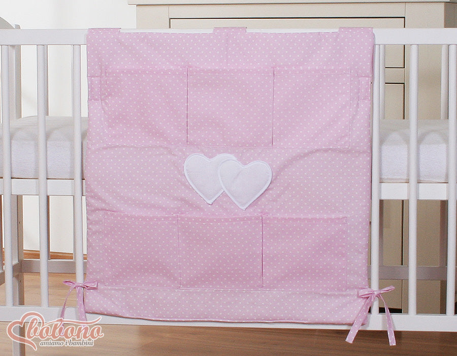 Hängande sängkorg, förvaringskorg, 6 praktiska fickor för babyartiklar - hjärtmönster i bomull