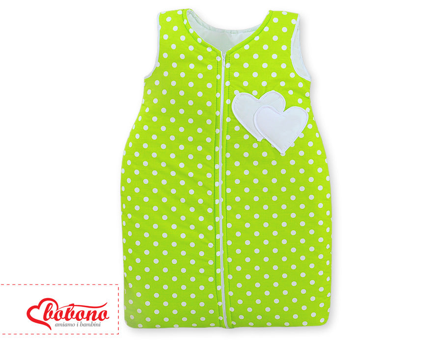 Sovsäck, liggunderlag, varmt och antiallergiskt – Hängande hjärtan vit med grönt, bomull, fleece