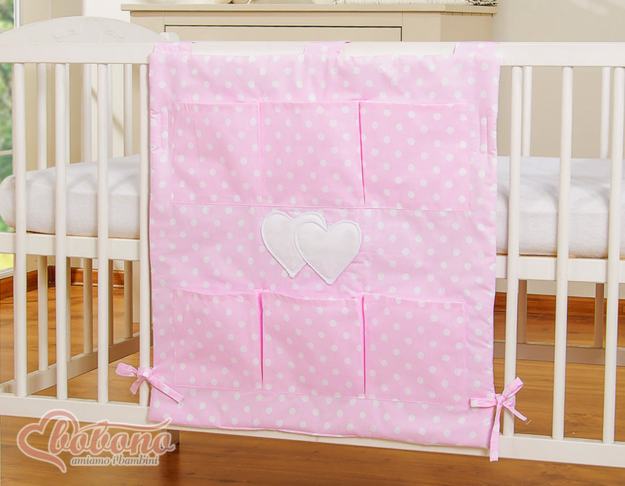 Spjälsängsorganisatör, spjälsängsordnare – 6 fack – 100 % bomull – tvättbar – Hängande hjärtan