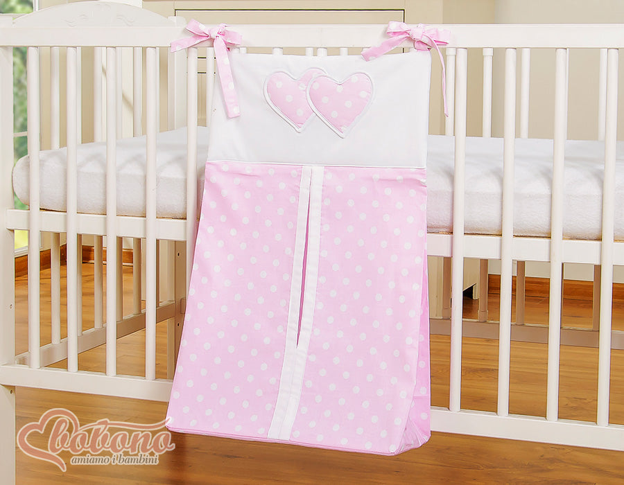 Blöjväska - förvaringspåse - lätt att fästa - bomull - Hängande hjärtan prickar rosa