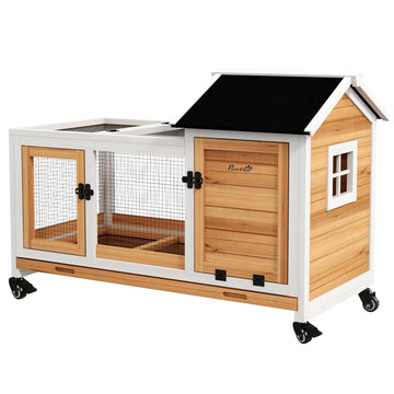 Dierenhok voor dwergkonijnen en cavia's met wielen | Kleur: Bruin-wit | Afmetingen: 58x108x73.5 cm