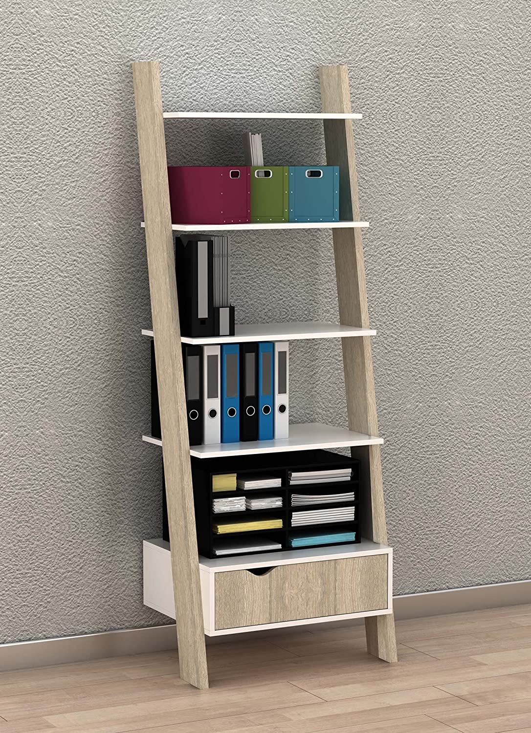 Ladderplank Wandplank Boekenkast Opbergrek met 4 planken en lade