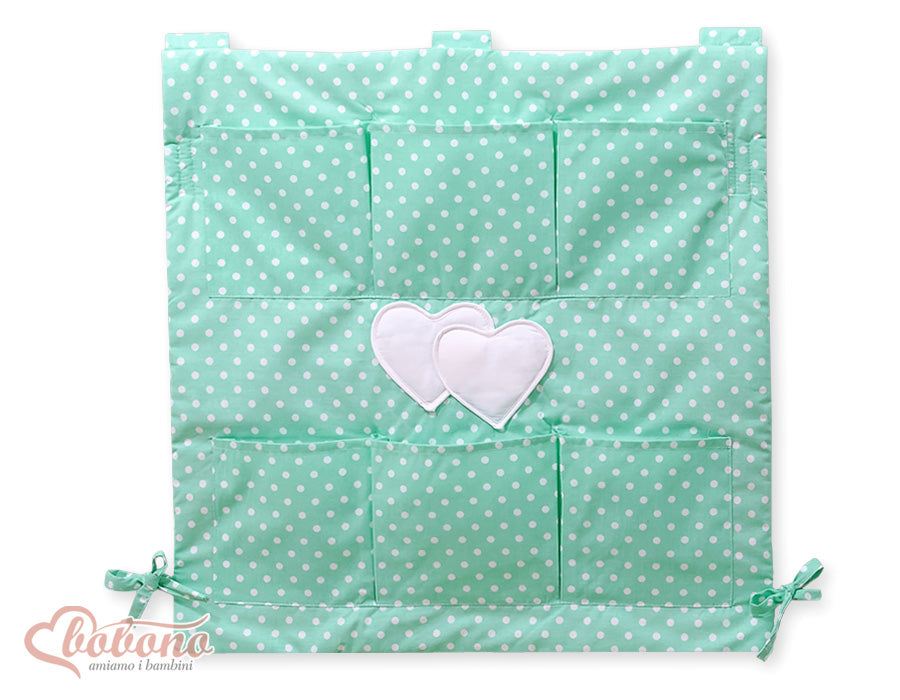 Spjälsängsorganisatör - spjälsängsordnare - 6 förvaringsfack, 100% bomull, mintgrön med prickar, praktisk