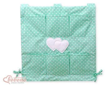 Spjälsängsorganisatör - spjälsängsordnare - 6 förvaringsfack, 100% bomull, mintgrön med prickar, praktisk