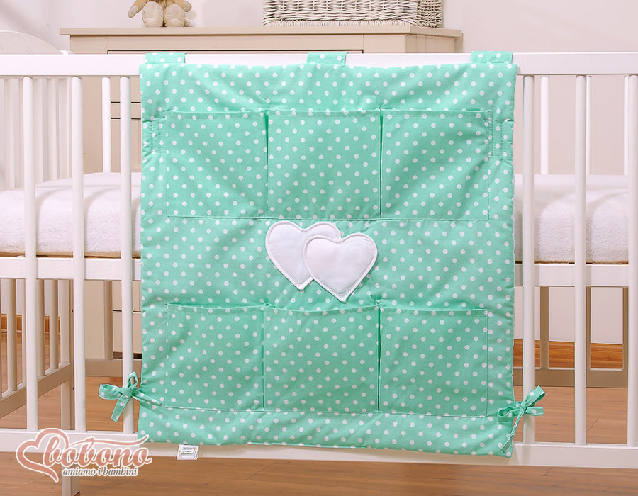 Spjälsängsorganisatör - spjälsängsordnare - 6 förvaringsfack, 100% bomull, mintgrön med prickar, praktisk