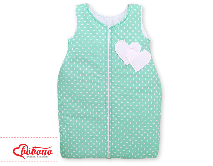 Sovsäck, barns sovdräkt, allergivänlig och bomull, med dragkedja – Hanging Hearts mint/vita prickar