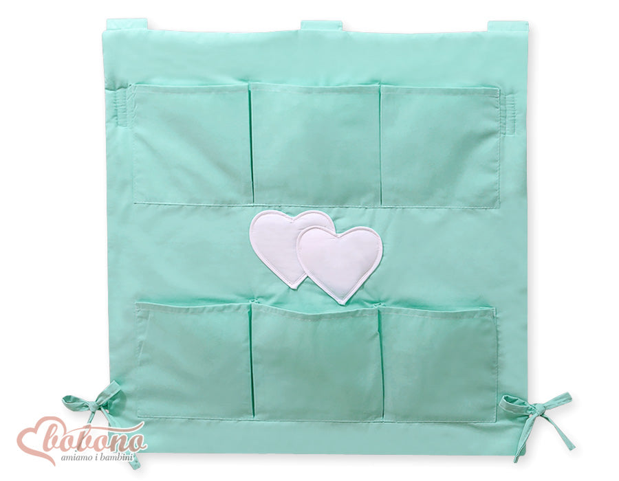 Spjälsängsförvaring - spjälsängsorganisatör - 6 fack, 100 % bomull, tvättbar, Hängande hjärtan mintgrön