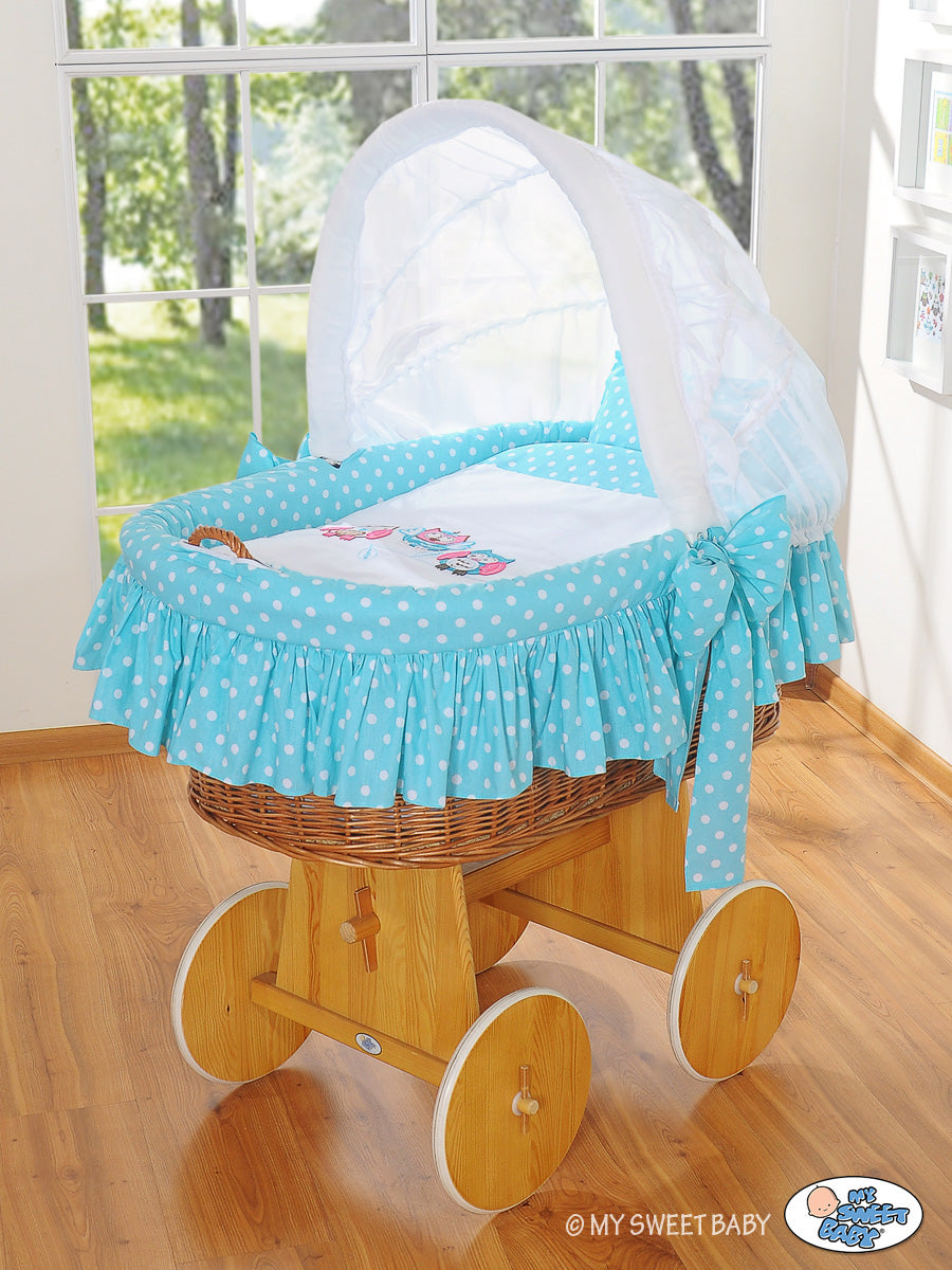 Spjälsängskorg - rottingspjälsäng med huva - största liggytan, naturlig rotting, turkosa ugglor