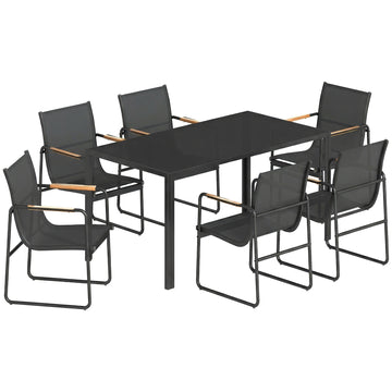 Tuinmeubelset met glazen tafel en 6 stoelen | Kleur: Zwart | Afmetingen: 150x80x73 cm