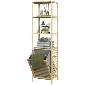 Bamboe badkamerkast met wasmand en 3 planken | Kleur: Bruin | Afmetingen: 44x33x160 cm