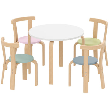 5-delige houten kindertafelset met stoelen | Kleur: Wit, bruin | Afmetingen: 60x60x50 cm