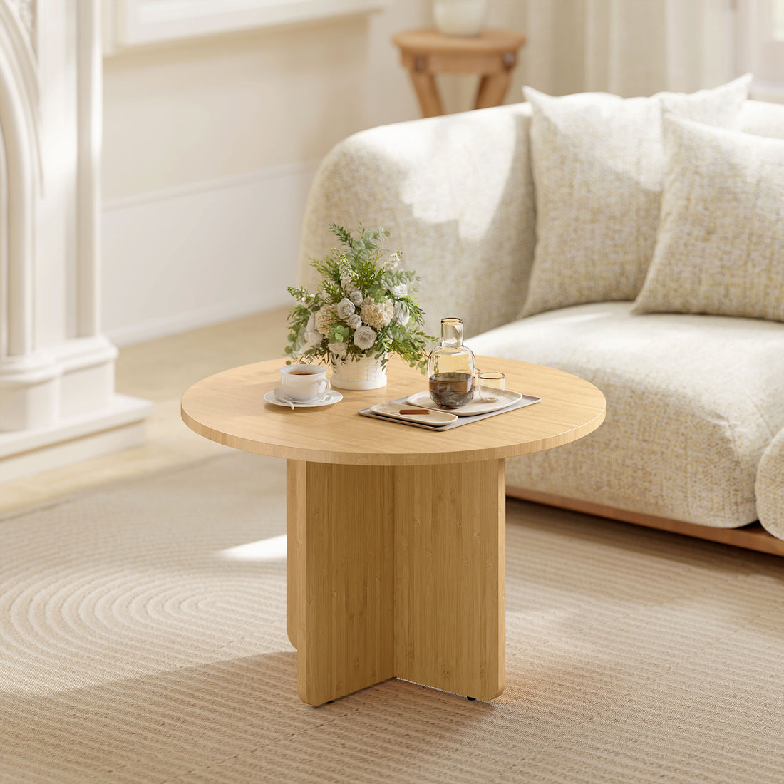 Runder Bambus-Couchtisch mit Kreuzfuß | Farbe: Naturholz | Maße: 66x66x45 cm