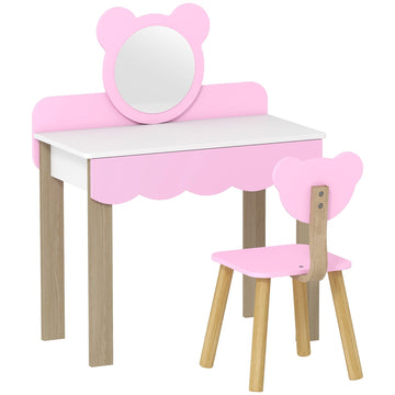 Kinderkaptafel met krukje en spiegel in beervorm | Kleur: Roze, wit | Afmetingen: 68x35x86 cm