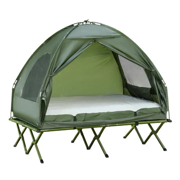 Campingtent voor 2 personen met bed en luchtmatras | Kleur: Groen | Afmetingen: 145x193x180 cm