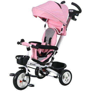 6-in-1 kinderdriewieler met duwstang, dak en mand | Kleur: Roze | Afmetingen: 50x112x104 cm