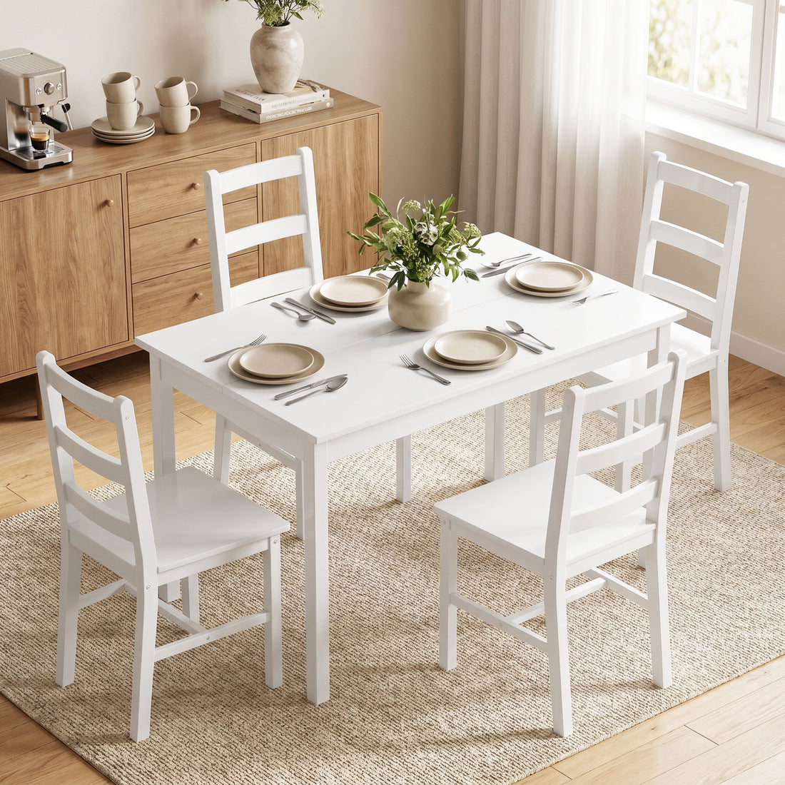 5-teiliges Esszimmer-Set für 4 Personen mit Tisch und Stühlen | Farbe: Weiß | Abmessungen: 118x73x75 cm