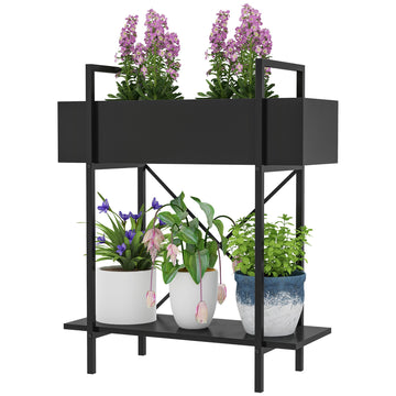 Twee etages plantenstandaard met drainagegaten | Kleur: Zwart | Afmetingen: 25x60x70 cm
