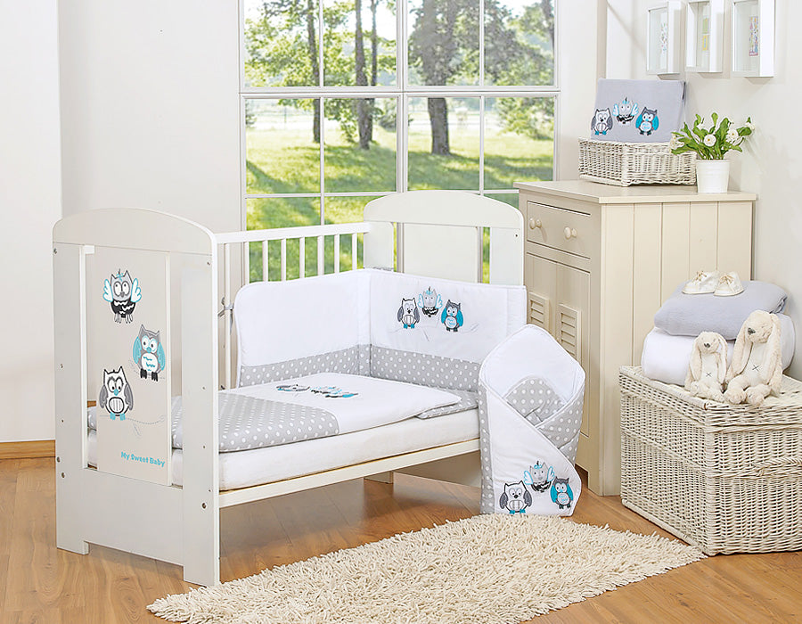 Babybedset 3-delig - wiegset - 100% katoen, Oeko-Tex gecertificeerd, met grijze uilenborduursels