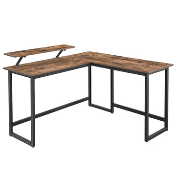 L-vormig bureau met monitorstandaard, verstelbare poten, metalen frame, rustiek bruin