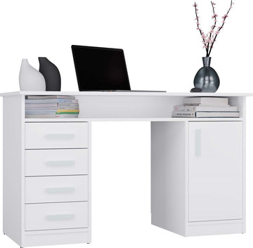 Bureau ADA met 4 lades, 1 deur en open plank - Praktisch en stijlvol | Kleur: Wit | Maat: 125x75x55