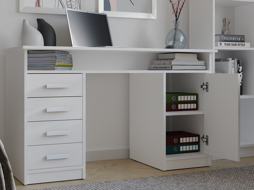 Bureau ADA met 4 lades, 1 deur en open plank - Praktisch en stijlvol | Kleur: Wit | Maat: 125x75x55