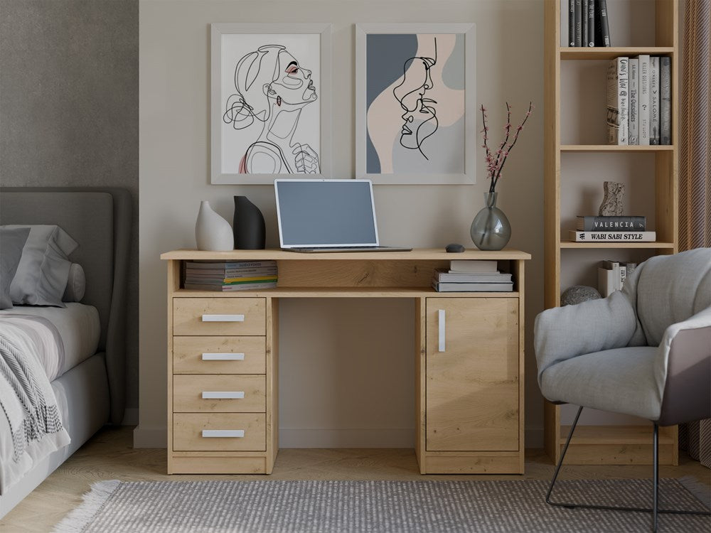 Bureau ADA met 4 lades, 1 deur en plank - Praktisch en stijlvol | Kleur: Artisan Oak