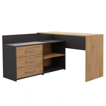 Hoekbureau DANY met 3 lades - Modern bureau met opbergruimte | Kleur: Antraciet/Artisan Eik