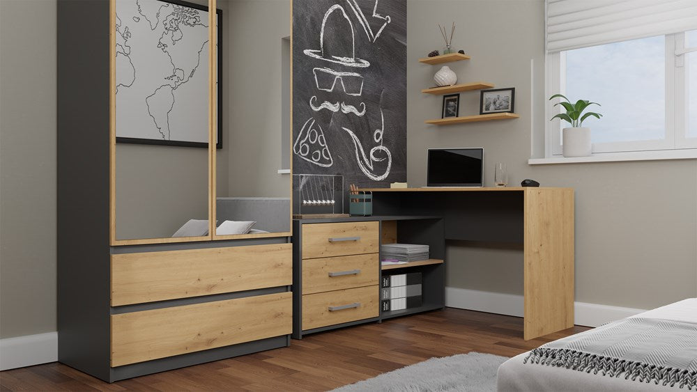 Hoekbureau DANY met 3 lades - Modern bureau met opbergruimte | Kleur: Antraciet/Artisan Eik
