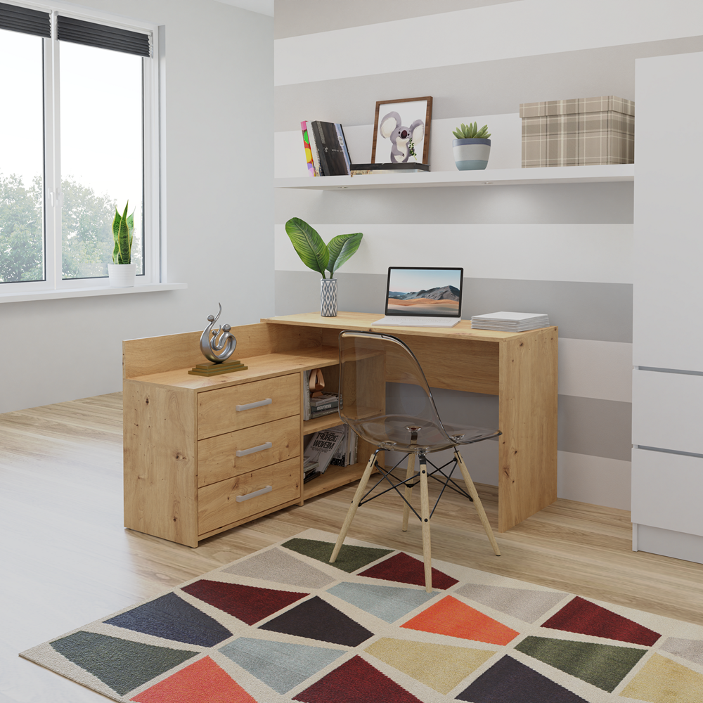 Functioneel Hoekbureau met 3 Laden DANY - Slank L-Model | Kleur: Artisan Oak | Maat: 120x50x76 cm